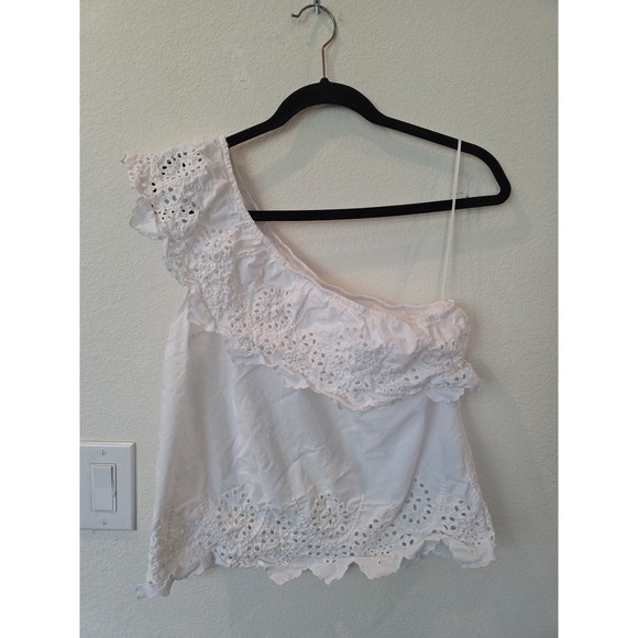 Abercrombie Fitch 1 Shoulder Blouse Sz M CottonWhite Ruffle Eyelet Festival Boho - Picture 1 of 1